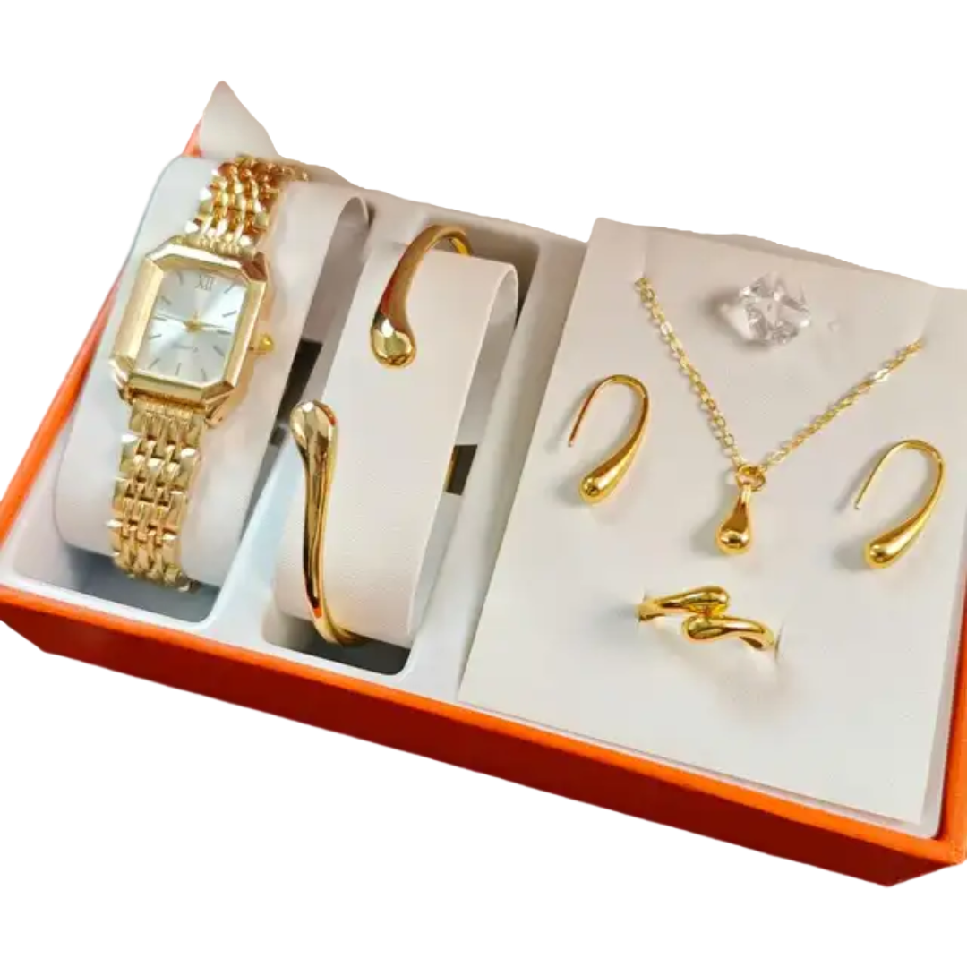 Women’s Luxury Quartz Watch & Jewelry Gift Set – Gold-Tone Fashion Accessories Collection