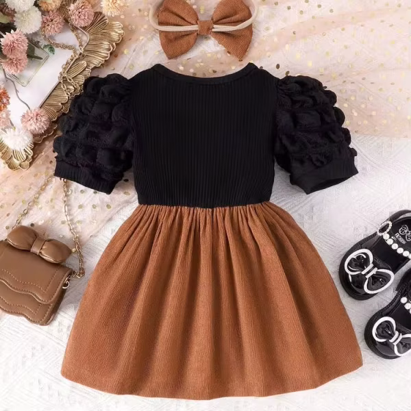 2Pcs Baby Girl Bow Decor Ribbed Knit Patchwork Puff Sleeve Dress with Matching Headband