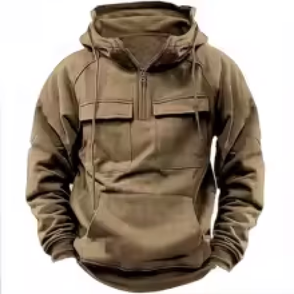 New autumn-winter men's hooded solid-color casual hoodie - fashionable young man's multi-pocket patch hoodie pullover shirt