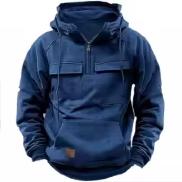 New autumn-winter men's hooded solid-color casual hoodie - fashionable young man's multi-pocket patch hoodie pullover shirt