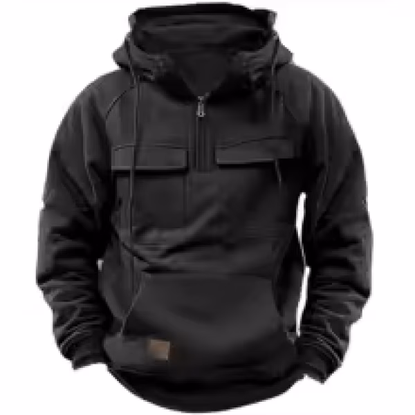 New autumn-winter men's hooded solid-color casual hoodie - fashionable young man's multi-pocket patch hoodie pullover shirt
