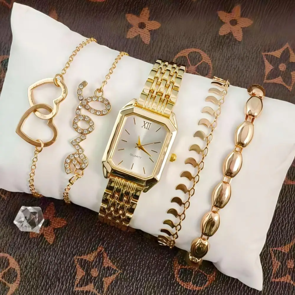 Women’s Luxury Quartz Watch & Jewelry Gift Set – Gold-Tone Fashion Accessories Collection