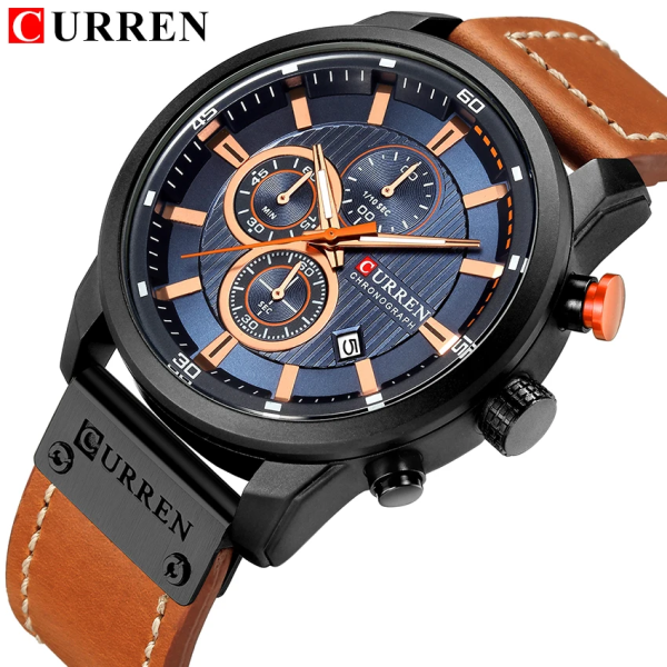 Curren Luxury Men's Chronograph Quartz Watch – Genuine Leather Strap, Calendar Display, Waterproof Fashion Business Wristwatch