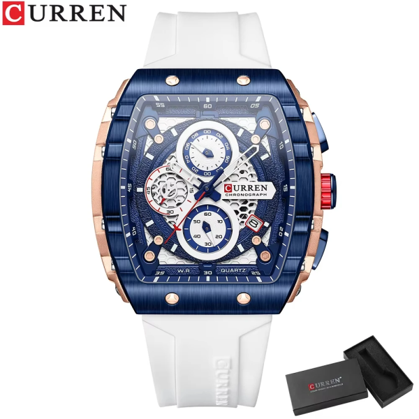 Curren Luxury Men's Chronograph Quartz Watch – Silicone Strap, Calendar Display, Waterproof Fashion Sports Wristwatch with Gift Box
